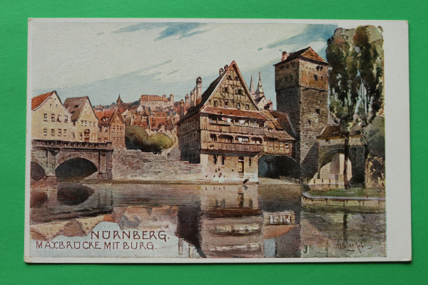 AK Nürnberg / 1905-1910 / Maxbrücke mit Burg / Fachwerkhaus / Architektur / Künstler Karte